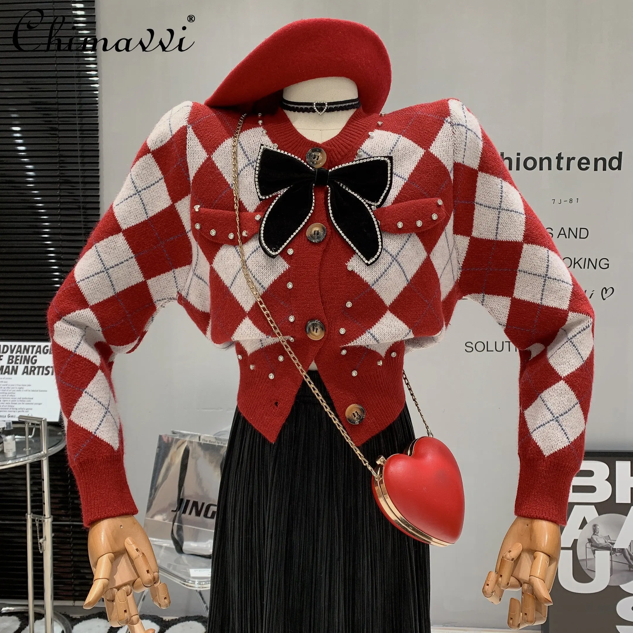 

Женский трикотажный кардиган с ромбовидным вырезом, элегантный простой свитер с бантом и бриллиантами в стиле ретро, Осень-зима