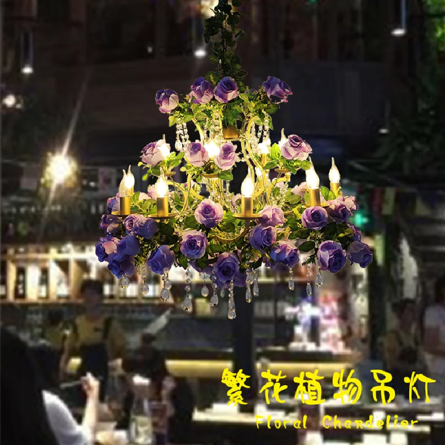 

Theme Restaurant Crystal Simulation Rose Plant Pendant Light Romantic Wedding Banquet Hall Decoration Chandelier