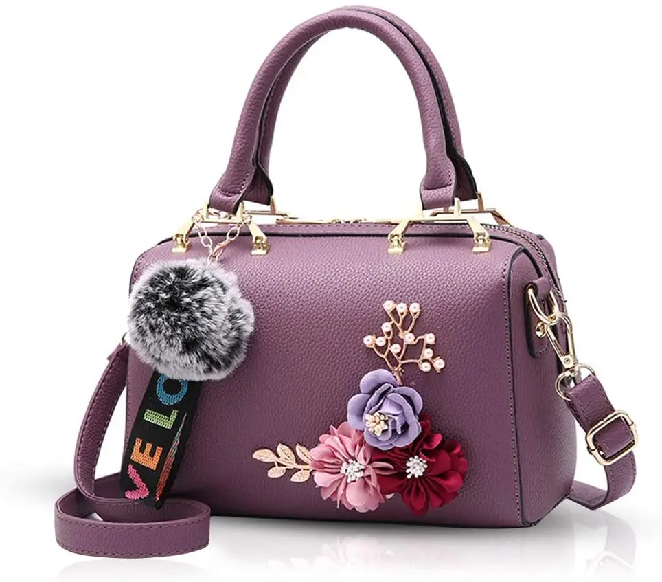 New Women's Handbag Floral Handbag Shoulder Bag with Purple Pendant