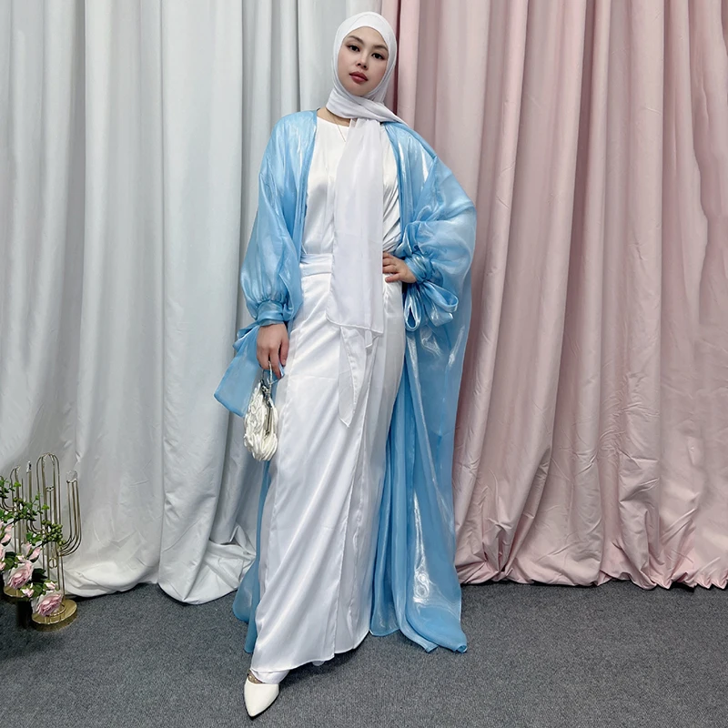 Ramadan Eid Open Abaya Kimono Summer Turkey Abayas for Women Satin Puff Sleeve Muslim Long Hijab Arabic Dress Islam Dubai Kaftan