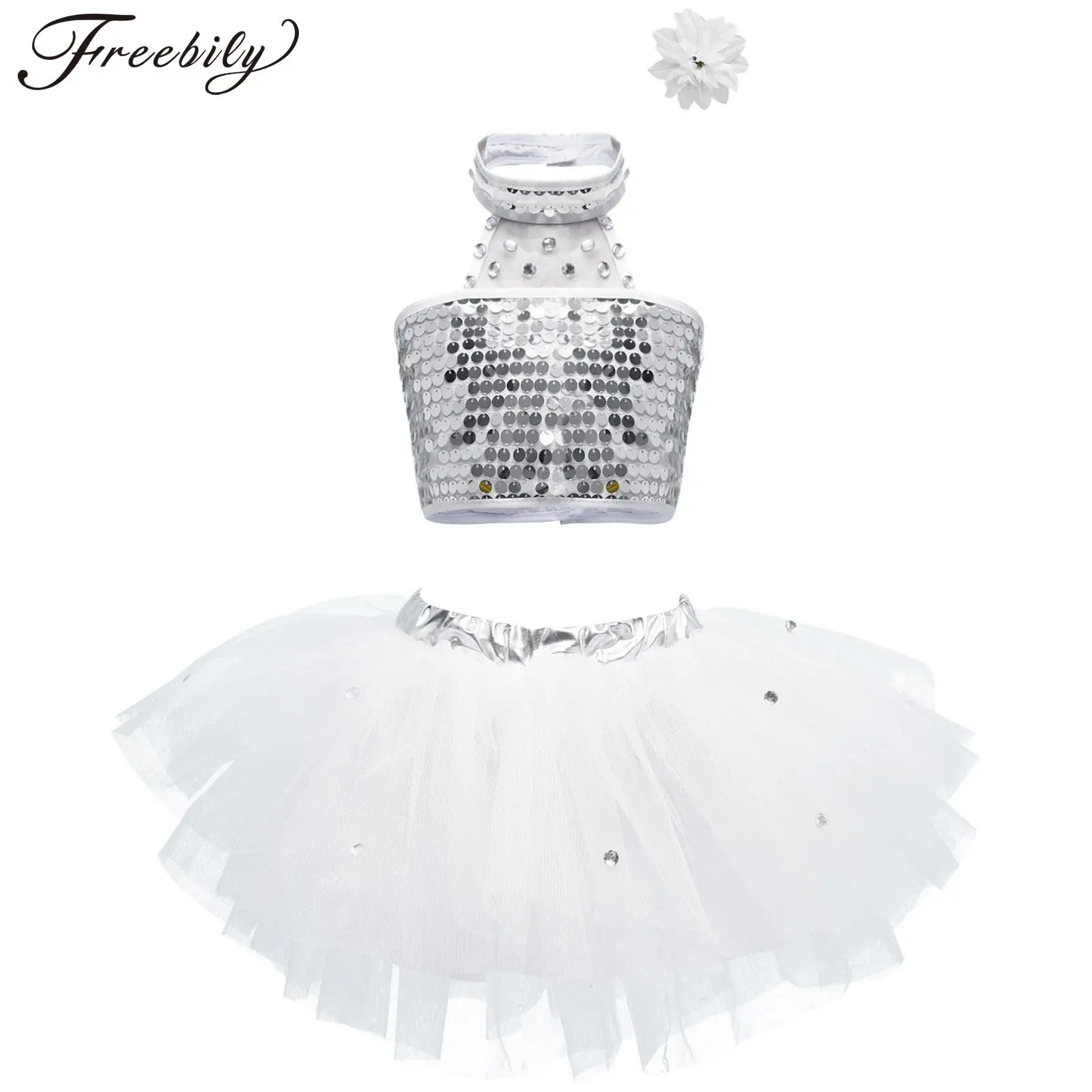 

Детский костюм для танцев латиноамериканской джаз, костюм для выступлений, блестящий топ с лямкой на шее + сетчатая юбка-пачка + шпилька для танцев