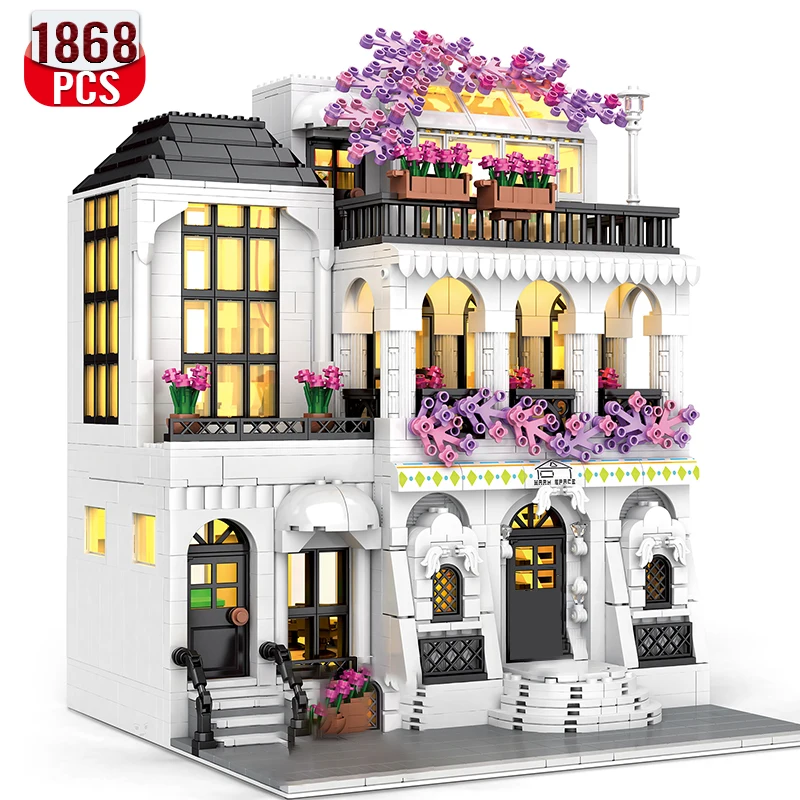 

MOC Creative European Architecture Building Blocks Garden Hotel Flower Street Villa Street View Brick Ideas Toy For Friend Gift