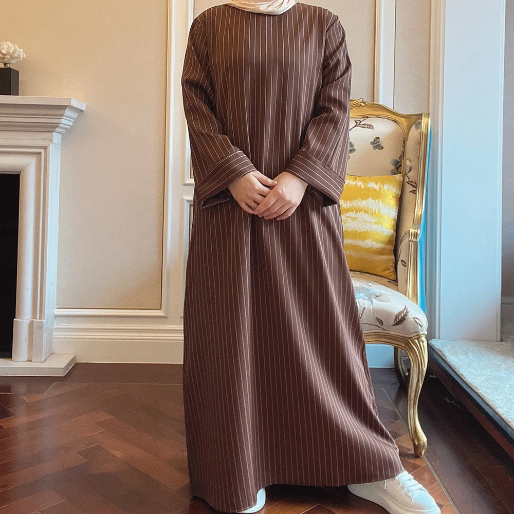 Dubai Abayas Türkiye Middle East Stripe Tunic Muslim Maxi Dresses for Women Vestidos Largos Moroccan Kaftan