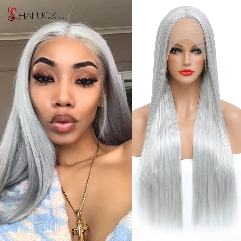 

Silver HighLight Synthetic Lace Front Wigs Straight Long Hair Brown Gold Black Lace Frontal Wigs 13x1 26Inch 280Gram For Women