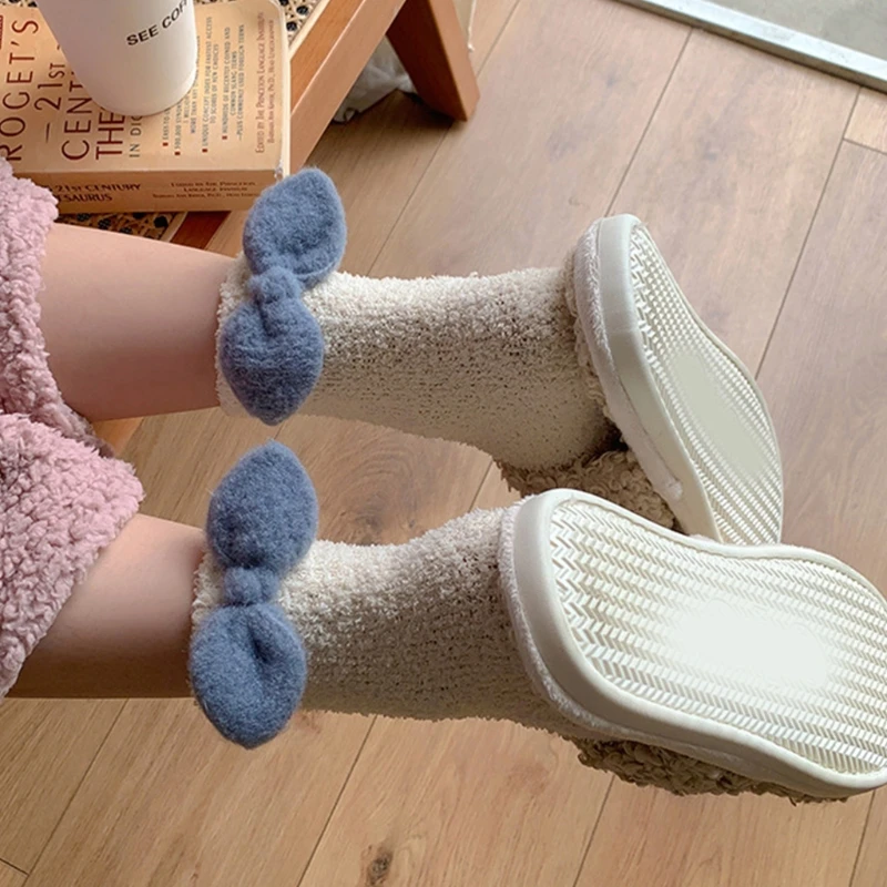 

Korean Style Women Sweet Solid Fuzzy Sleep Socks Cute Candy Color Bowknot Winter Thicken Fluffy Coral Velvet Hosiery Foot Warmer
