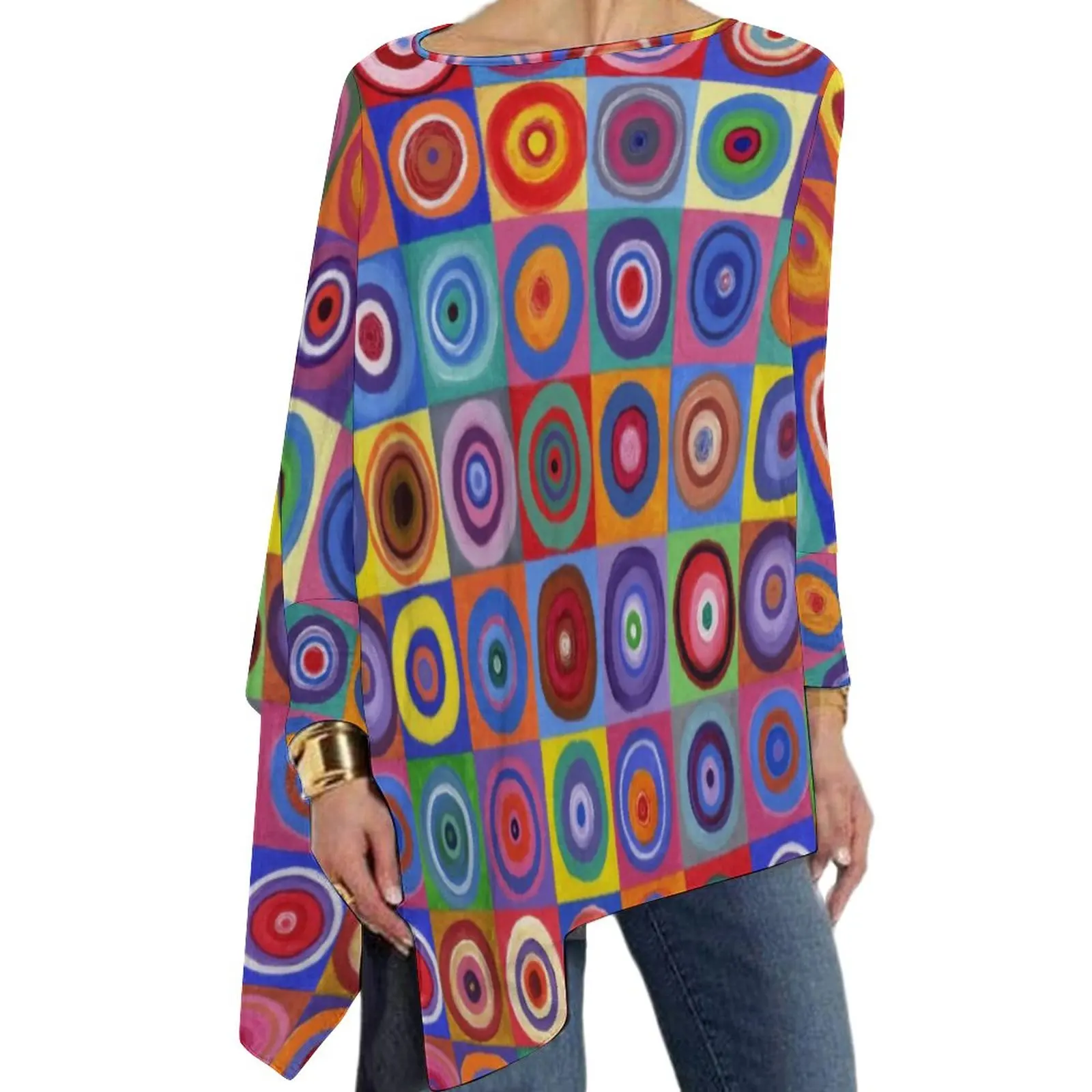 

In Square Circles T Shirt Colorful Plaid Print Street Style Long Sleeve T-Shirts Graphic Y2K Tshirt Women Clothing Big Size 5XL