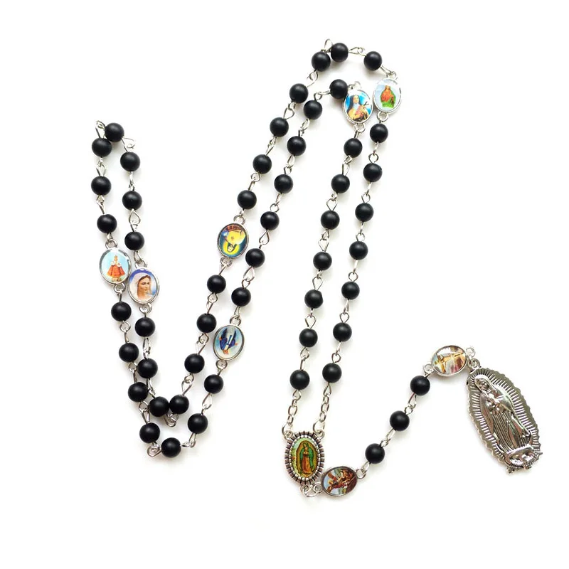

QIGO Religious Long Black Stone Virgin Pendant Rosary Necklace For Men Women Catholic Pray Jewelry Gifts