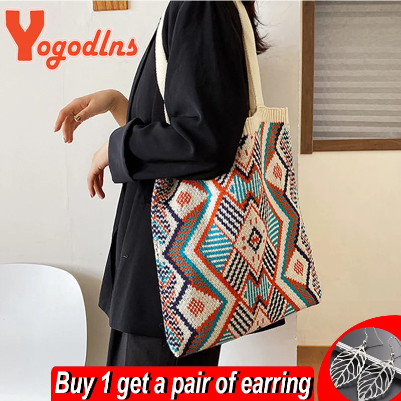 

2023 Geometric Patterns Shoulder Bag Women Knitting Totes Bag Large Capacity Handbags 2023 Woven Handle Bag Winter Pouchs