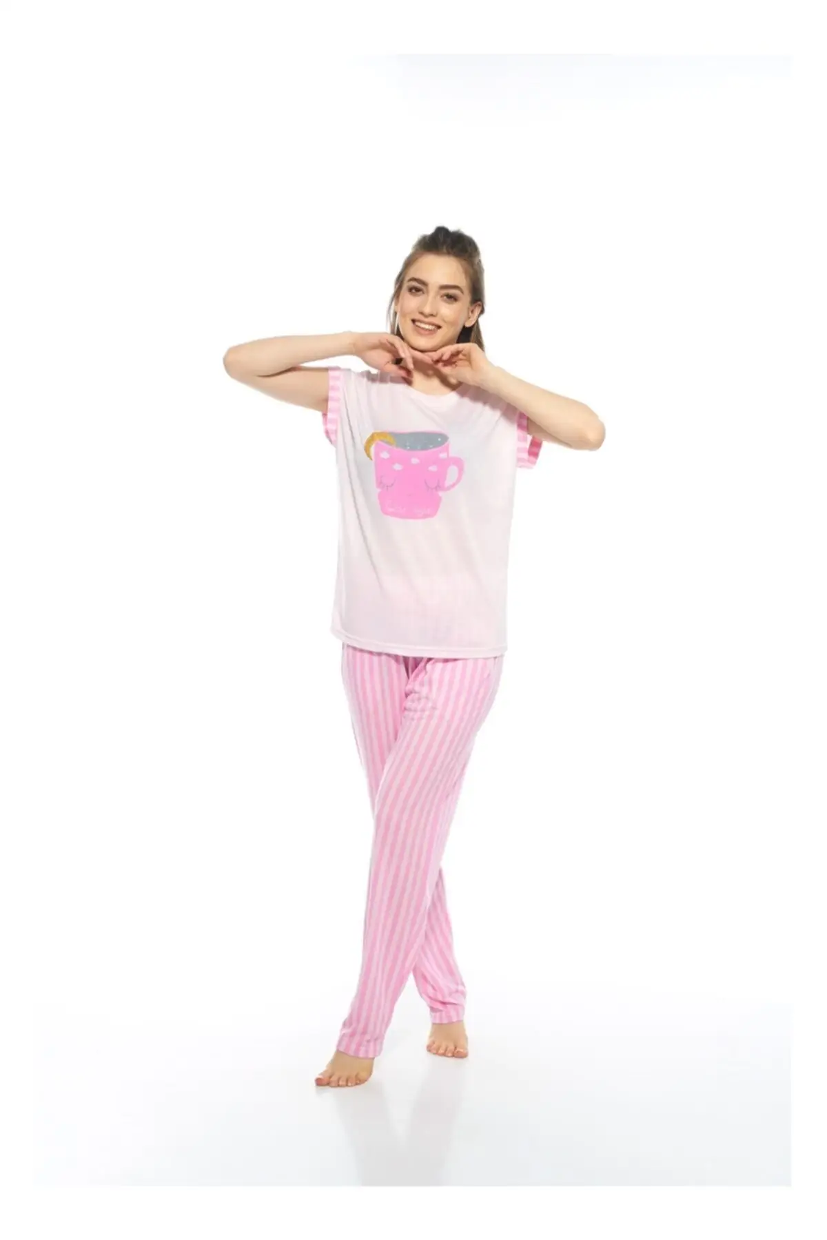 

Women's Pajamas Pink Cotton Sleep Lounge Pajamas Elastic Waist Nightwear Retro Sleepwear Night Suit Casual Home Clothing