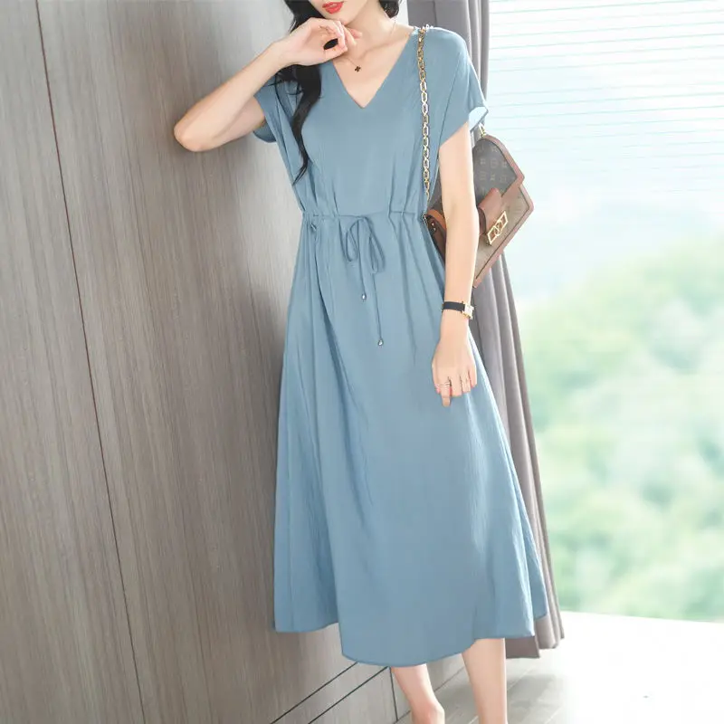 

Korean Style Elegant Unif Office Ladies V-Neck Dress Female Short Sleeve Women Chiffon Clothing Vintage Dresses Mujer Vestidos