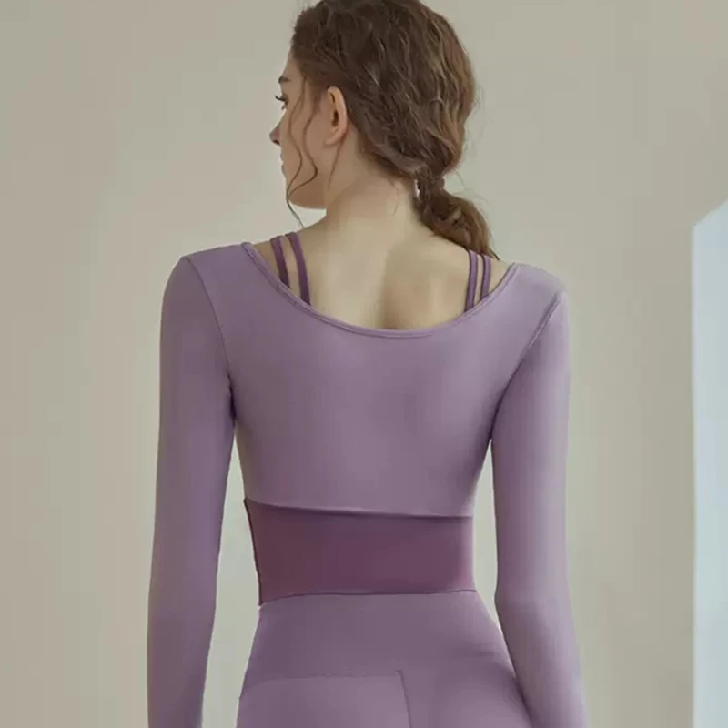 F.DYRAA Women Fake Two Pieces Yoga Shirts Contrast Long Sleeved Slim Fit Crop Tops Fitness Training Wear For Lady Gym Sportswear