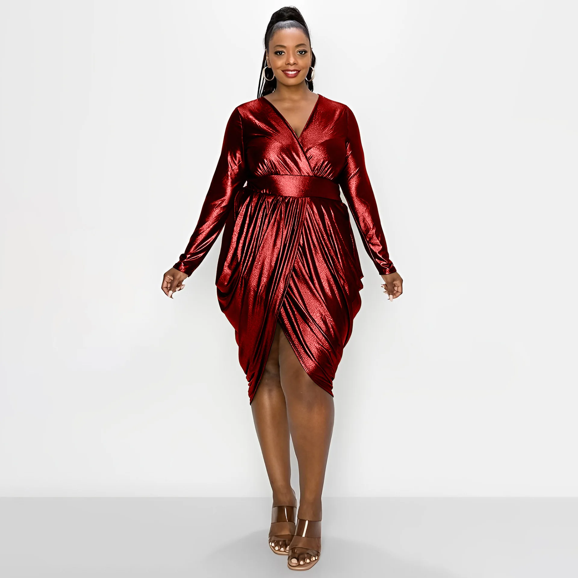 Plus Size Sexy Bronzing Pleated Bodycon Dress V Neck Long Sleeve Irregular Skinny Night Club Short Vestidos 2022 Female Clothing