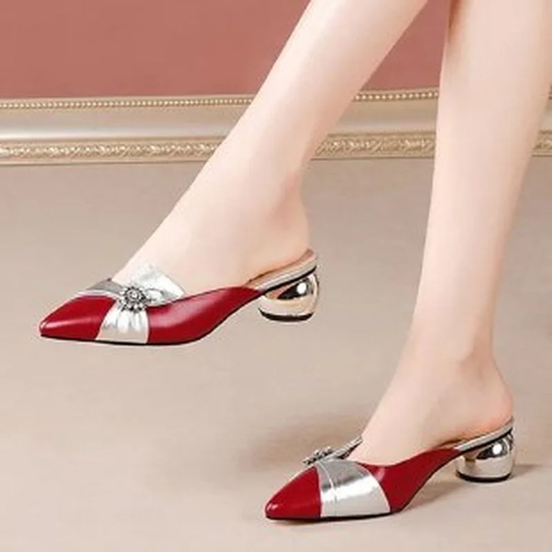 

Baotou Half Slippers Middle Heel 2023 Summer New Red Fashion Outer Wear Thick Heel Color Matching Lazy All-match Women's Shoes