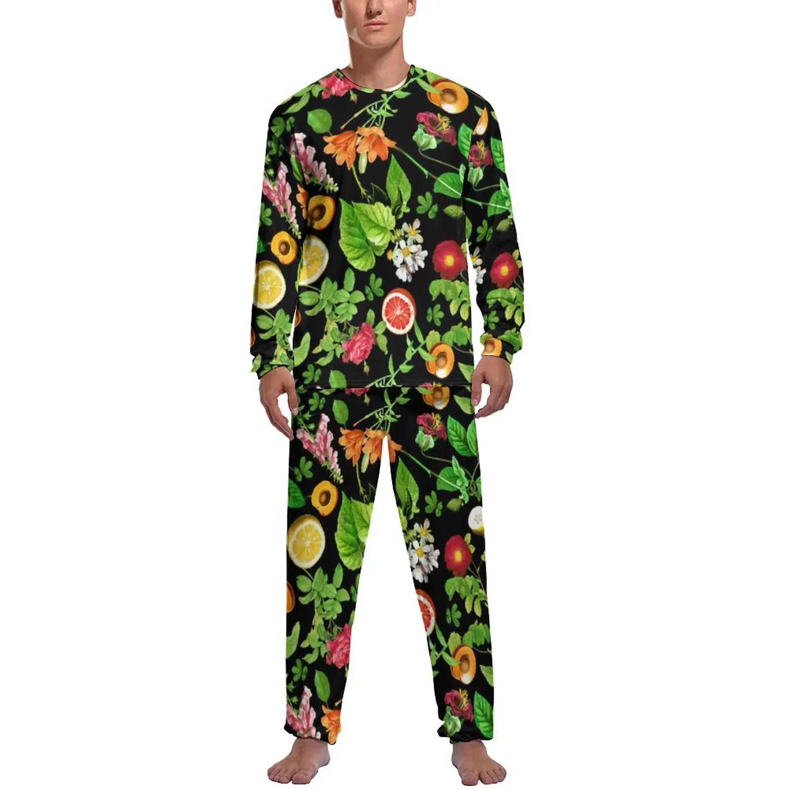 Colorful Fruit Print Pajamas Men Green Leaves Kawaii Sleepwear Daily Long-Sleeve Two Piece Room Graphic Pajama Sets