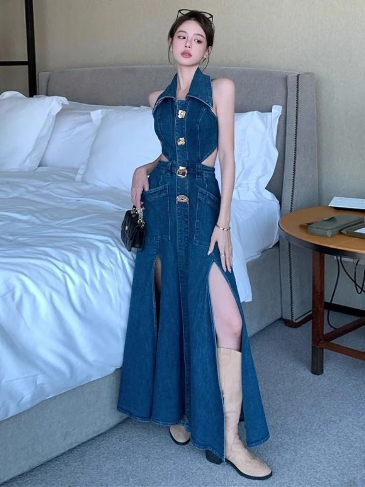 Женское джинсовое платье без рукавов однотонное винтажное в стиле High Street с