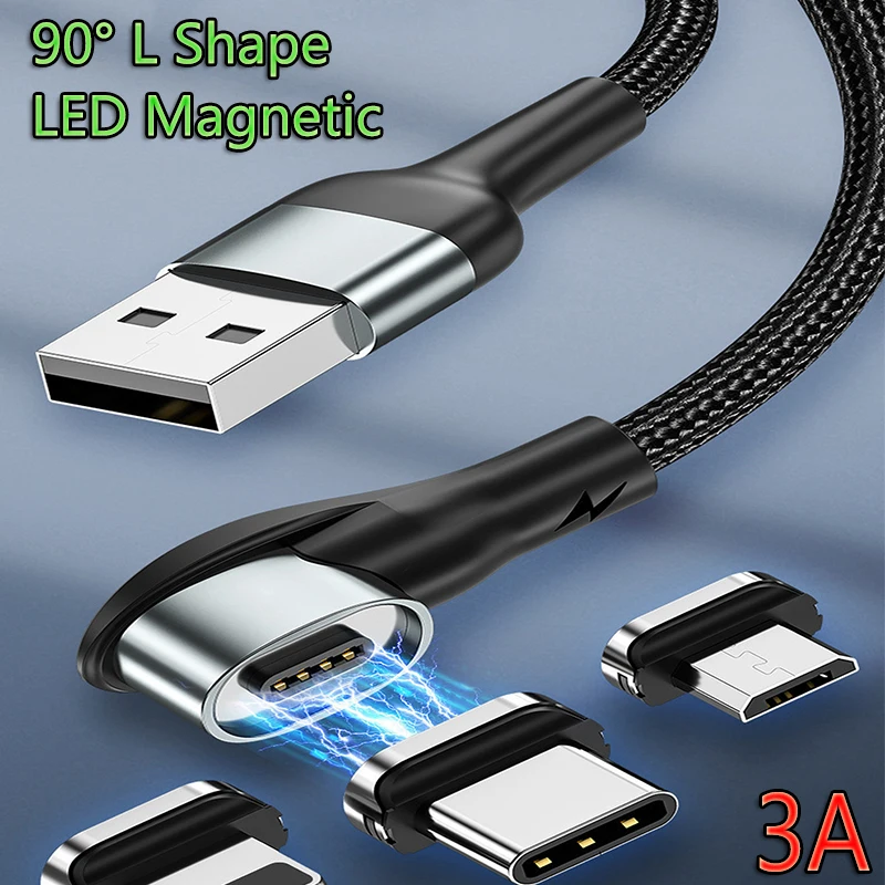 

Магнитный зарядный USB-кабель 3 А, светодиодный провод 3 в 1 для быстрой зарядки, Type C Micro USB C, Аксессуары для мобильных игр с углом 90 градусов для ...