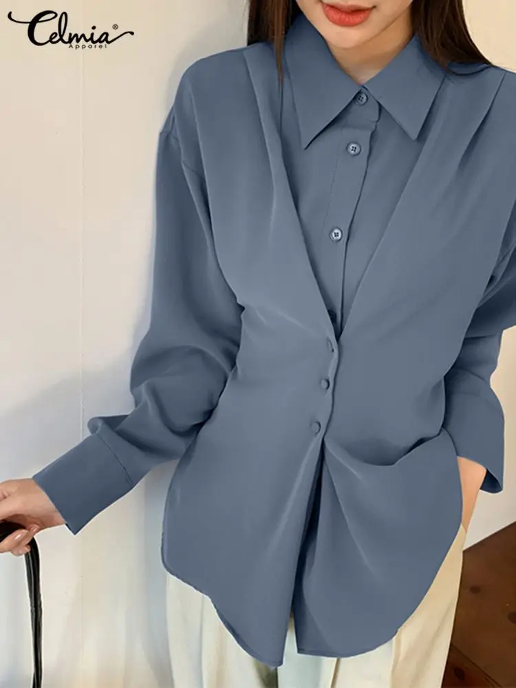 

Офисная блузка Celmia с отложным воротником, модная женская рубашка с длинным рукавом, повседневные свободные топы на пуговицах, Однотонные бл...