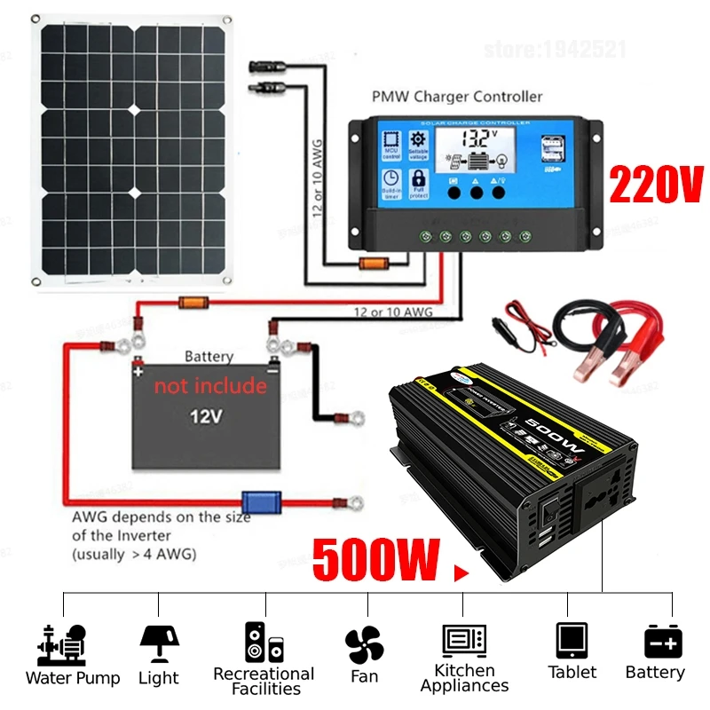 

18W Solar Panel System Set 220V Power Generation Battery Charge USB 500W Inverter DC 12V AC 30A Controller Home Kit Complete