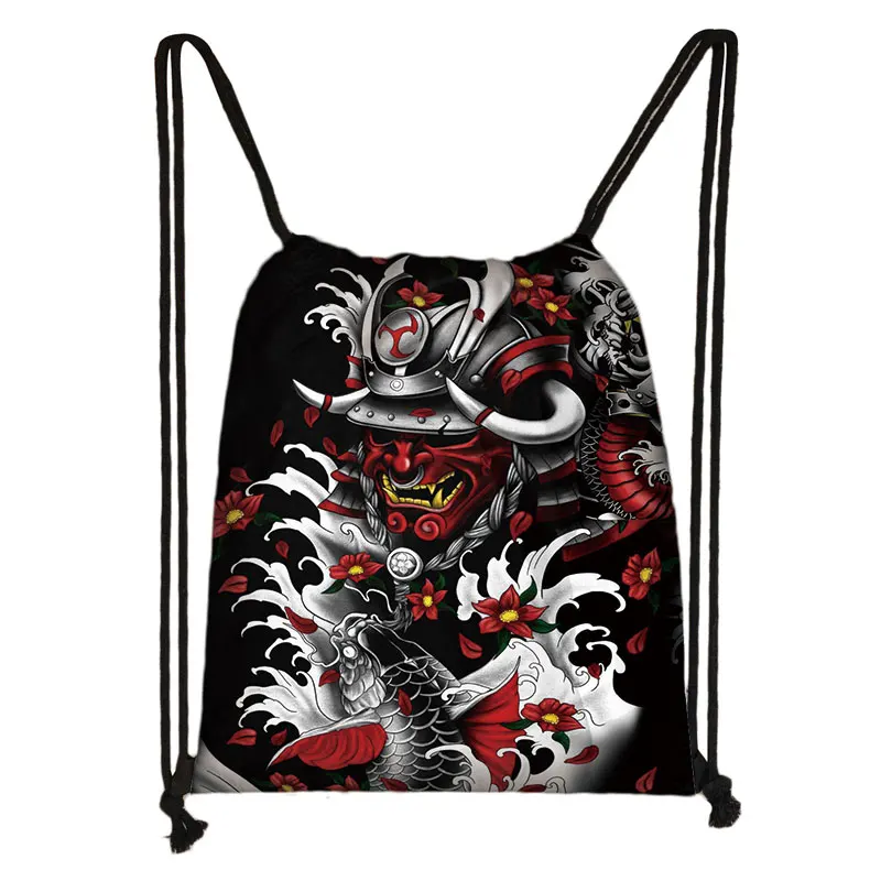 Samurai Warrior Backpack Bushido Women Men Rucksack Harajuku Drawstring Bag Demon Hip Hop Teenager Shoes Holder Bag Bookbag