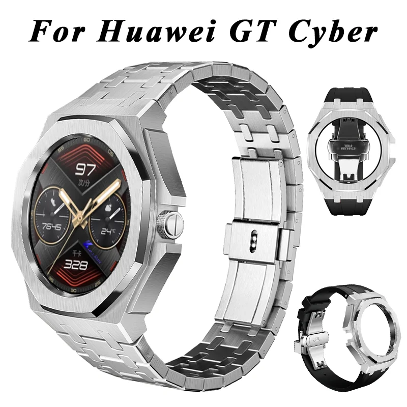 Luxury Starp Modification Kit for HUAWEI GT Cyber Series Stainless Steel Case Metal Bracelet for Huawei GT Cyber Rubber Band
