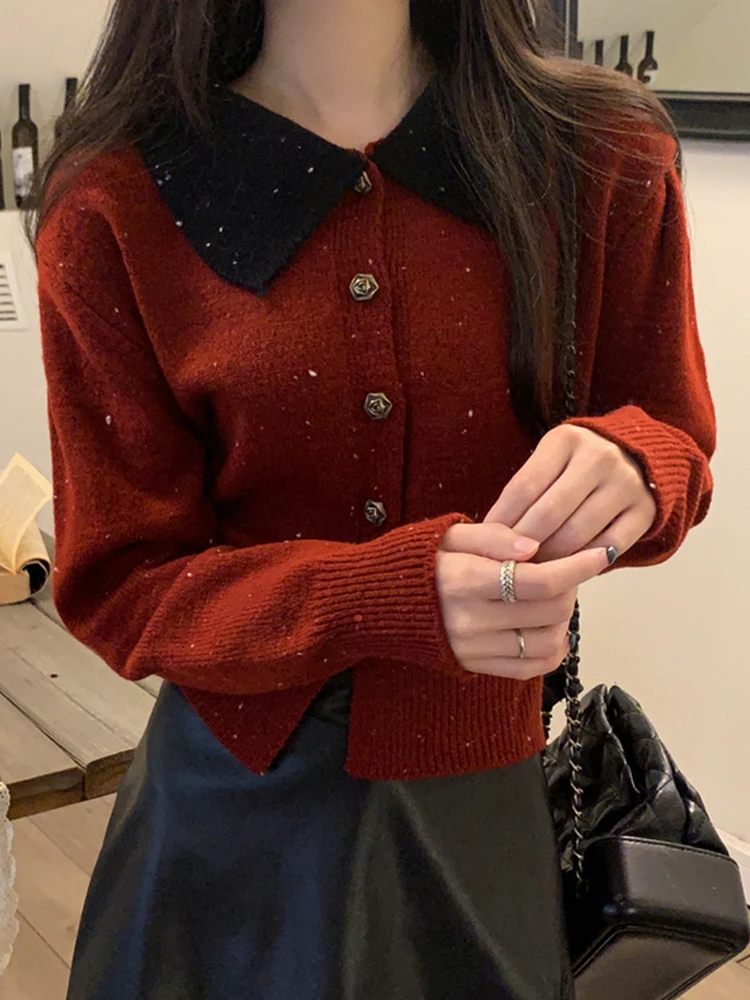 Красный свитер с воротником-поло женский осенне-зимний свободный утягивающий