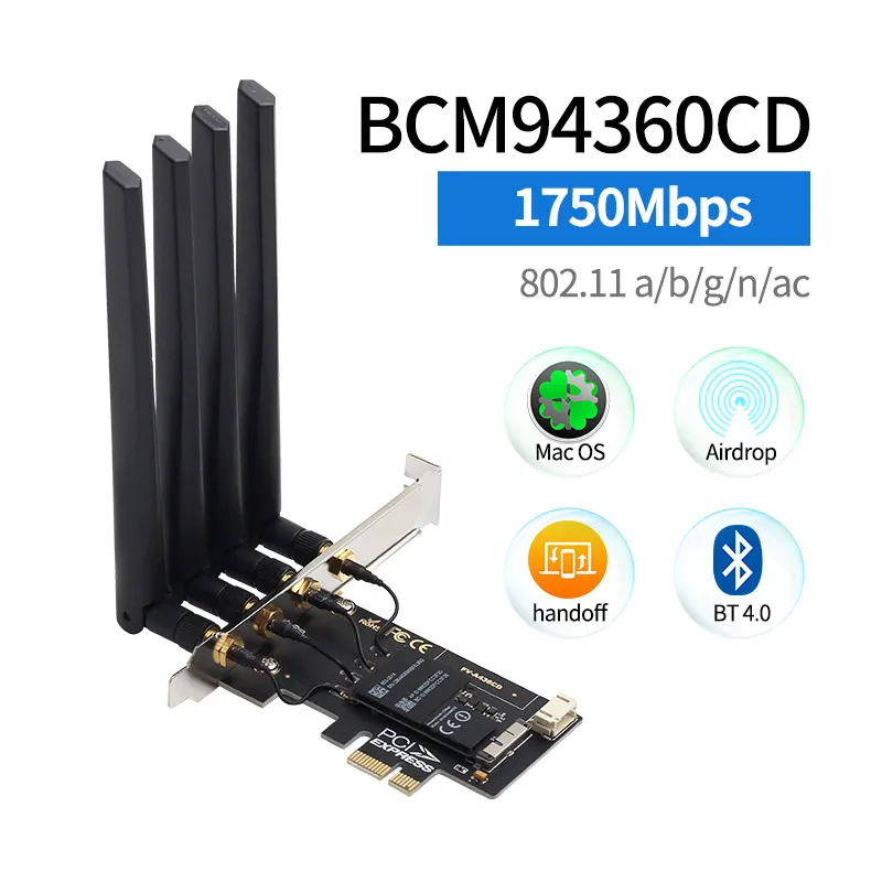 1750Mbps BCM94360CD PCIe Desktop Wifi Card 802.11ac Bluetooth 4.0 Bcm94360 Wireless Adapter For MacOS Hackintosh Dekstop PC