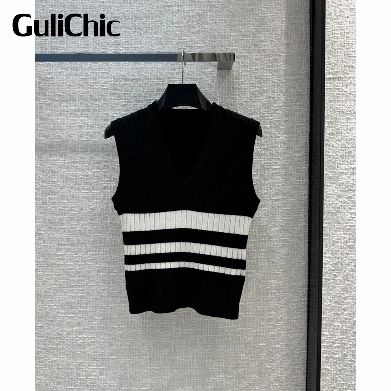 

2.3 GuliChic Women Comfortable Casual Wool Knitted Sleeveless V-Neck Striped Jacquard Sweater Vest