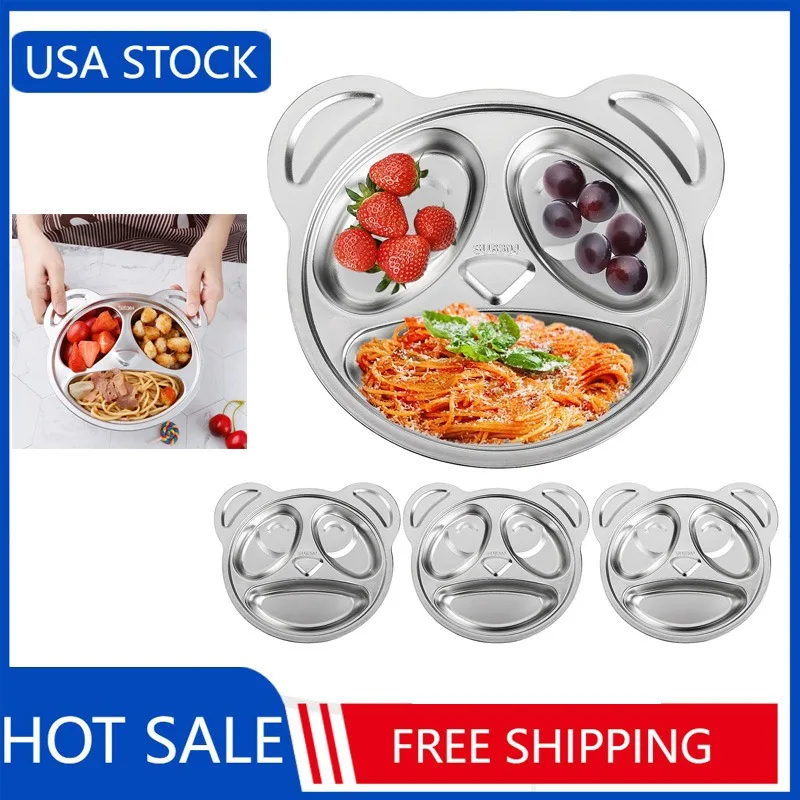 

Set of 4 Stainless Steel Divided Plates, 3 Sections Unbreakable Dinner Plates, Cute Panda Shape Divided Plates for Picky Eaters