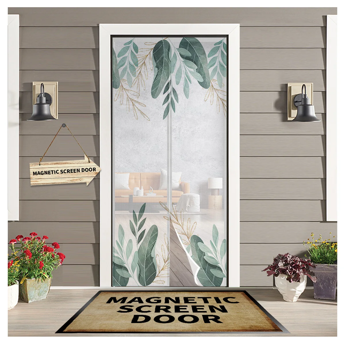 

Green Tropical Plants Leaves Door Curtain Mosquito-proof Kitchen Magnetic Hanging Curtains Window Screen Gauze Door Curtain