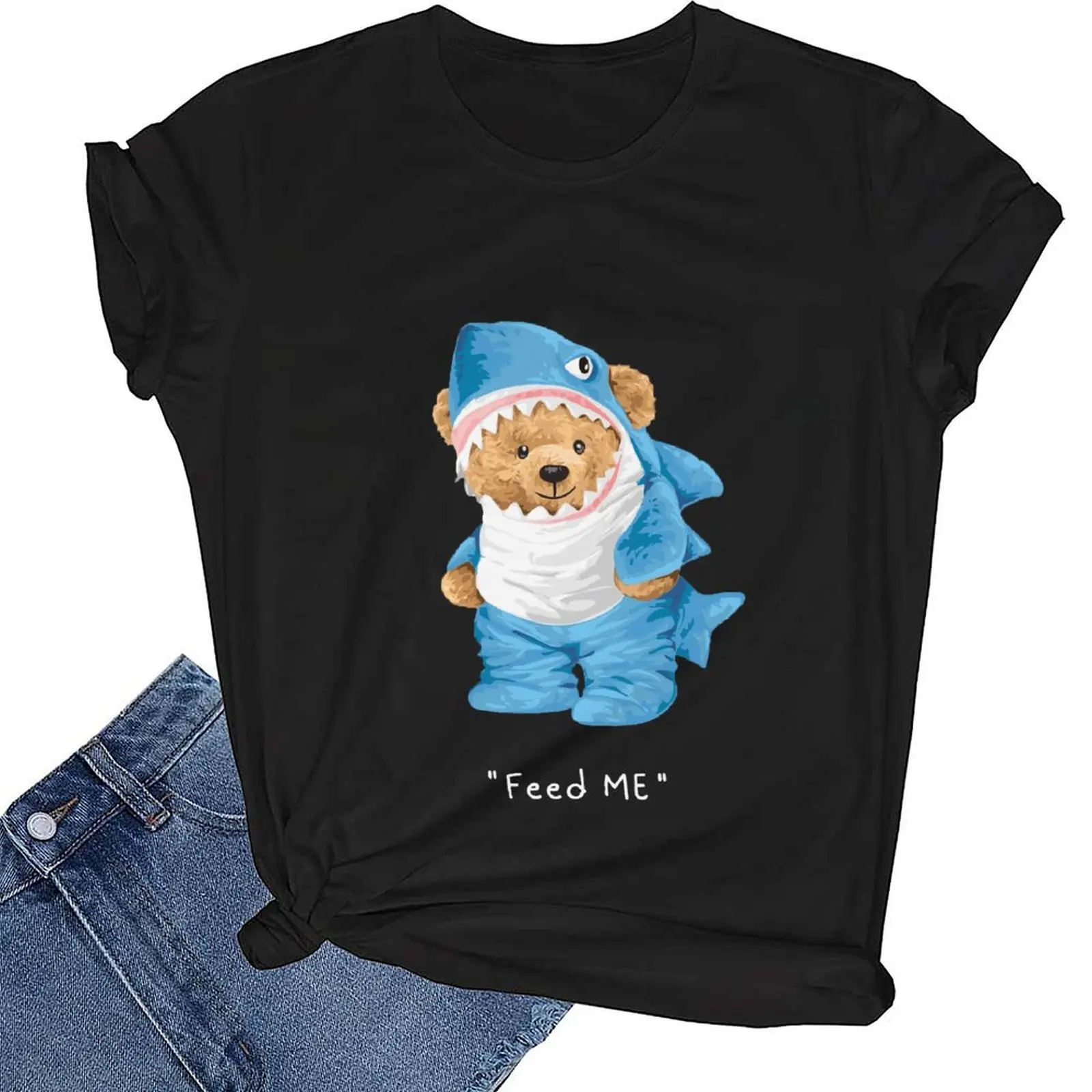 

Summer Kawaii Cotton Unisex Blouse Feed ME Letter Funny Bear Printing Unisex Short Sleeve Футболки Large Size Aesthet Short Slee