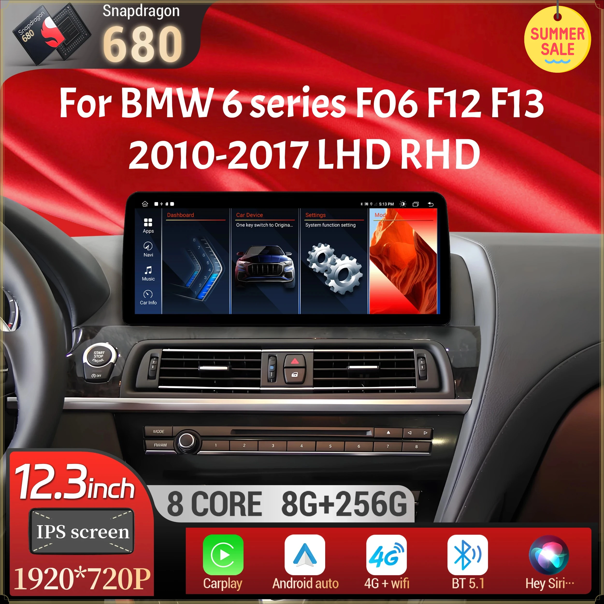 Фото 12,3-дюймовое автомобильное радио с Android 14, беспроводным Bluetooth, CarPlay, процессором Snapdragon 680, экраном для BMW 6 серии F06 F12 F13 2010-2017 годов №1