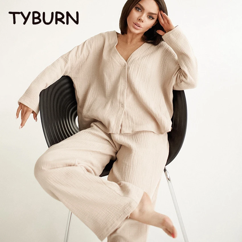 

Повседневная летняя рубашка TYBURN с длинным рукавом, хлопковая Свободная Домашняя одежда, штаны, зеленые Модные свободные уличные комплекты из 2 предметов