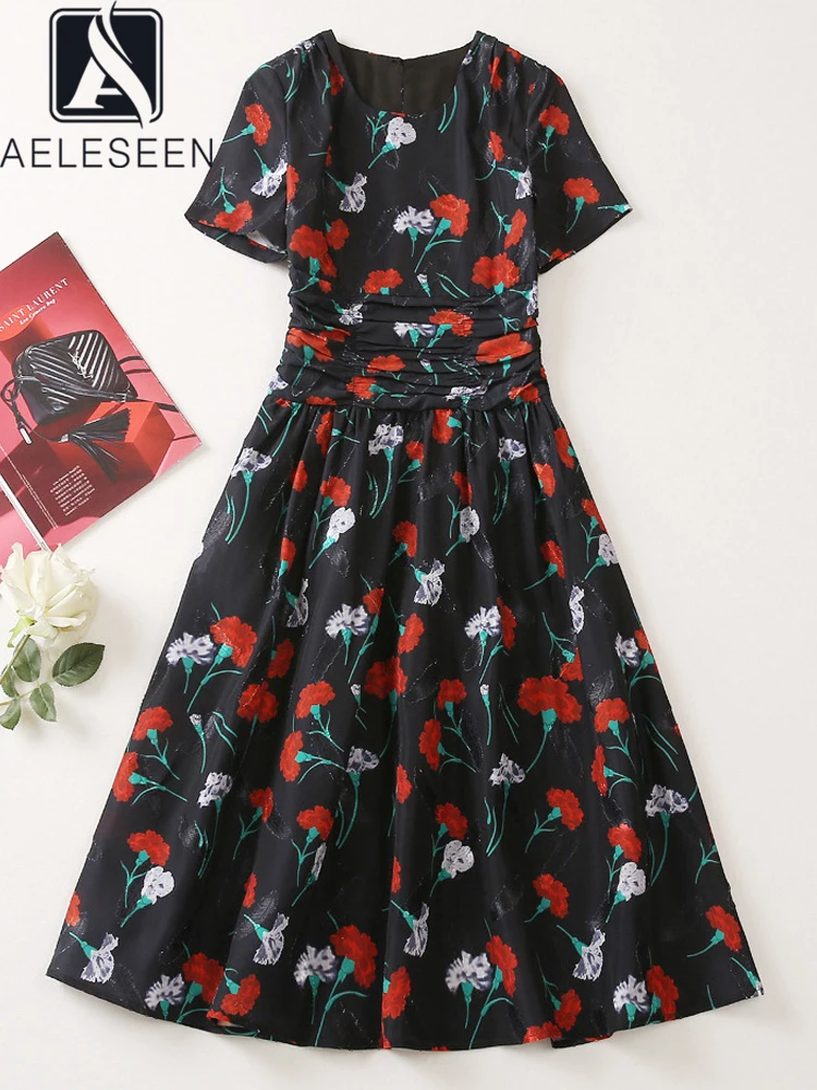 

AELESEEN Runway Fashion Women Dress Spring Summer White Red Flower Print Drapped Slim Mini Vacation Holiday