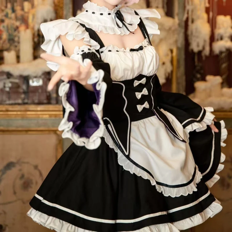 Фото Аниме Ram Rem Косплей Костюм Re Zero Starting Life in Another World Костюм Горничной Лолита Платье Вечерние Ролевые Игры Наряды Карнавал №2