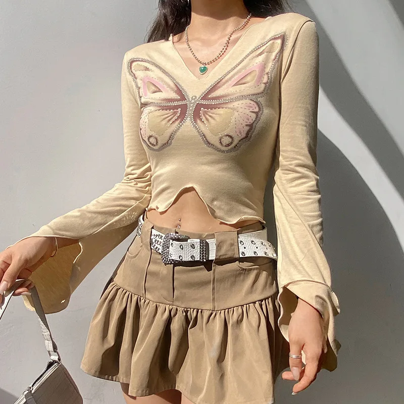 

Butterfly Print Y2k Cropped Top Rhinestone Kawaii Brown V-neck Long Sleeve Aesthetics T-Shirt Harajuku Ladies Ruffled Irregular