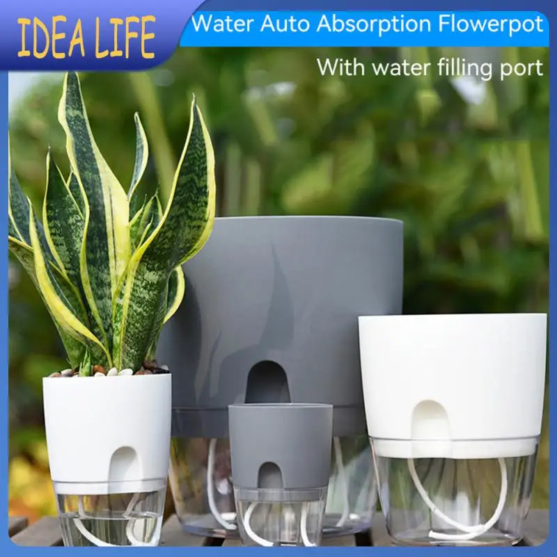 

Transparent Double Layer Plastic Flower Pot Self Watering Flowerpot Cotton Rope Watering Small Plant Pot with Injection Port