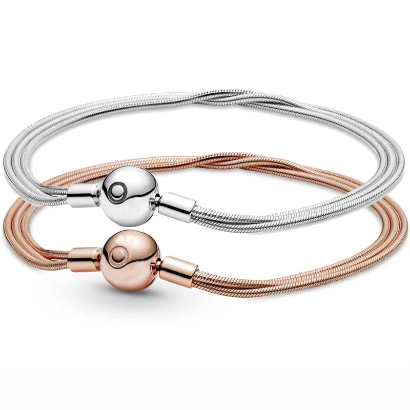 

Розовые моменты, три тонких змеиных цепочки, застежка-шарик, женский серебряный браслет, европейский браслет, бусины, очаровательные ювелирные изделия «сделай сам»