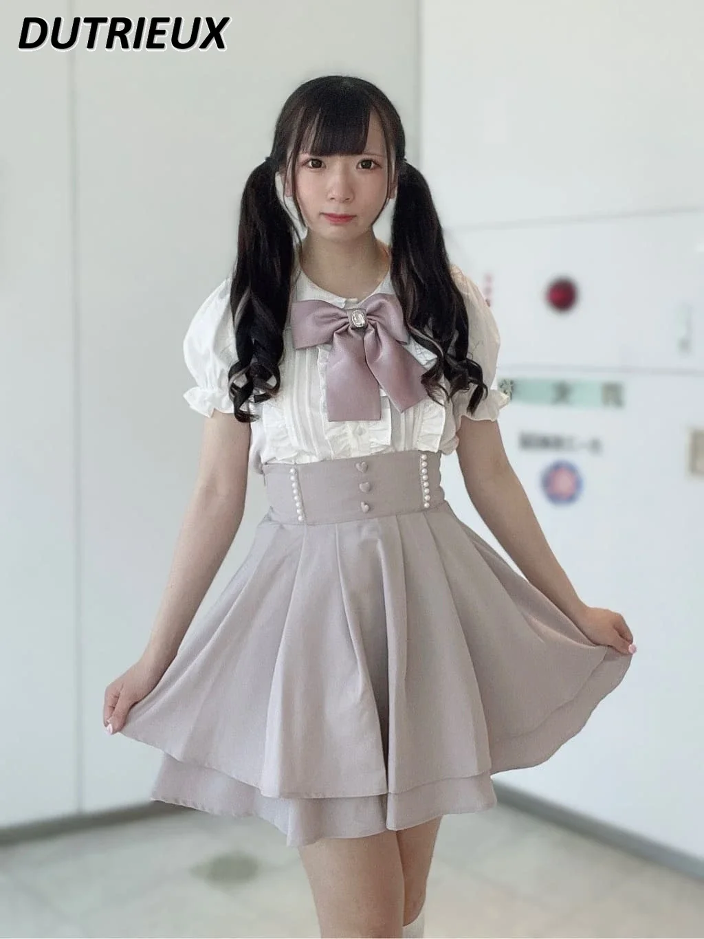 

2023 Summer New Lolita Japanese Style Elegant Blouse Blouse Sweet Cute Bow Women's Short Sleeve Tops Solid Color Rojita Shirt