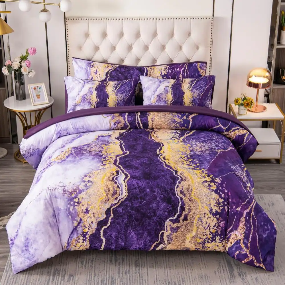 

PERFEMET 6 Pcs Bed-in-a-Bag Purple Watercolor Marble Colorful Comforter Set, (Purple, Queen)