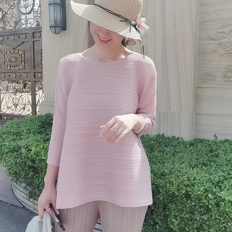 2022 autumn and spring Miyake pleated ladies loose fashion drawstring three-quarter sleeve all-match casual trend thin top