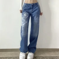 printed baggy y2k jeans womens low waist streetwear cargo pants emo alt grunge wide leg casual pants hippie joggers trousers