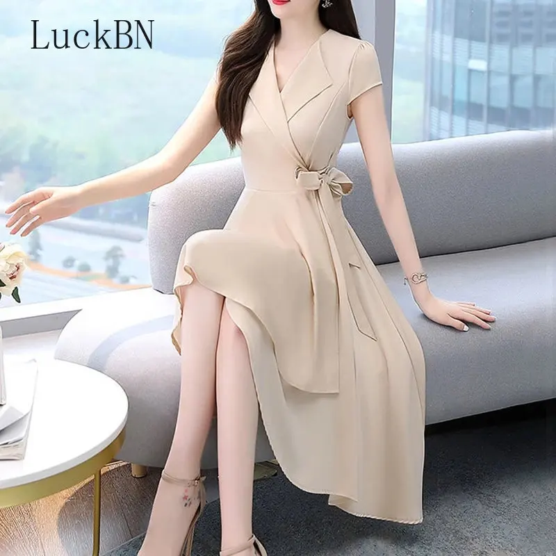 

Elegant Fashion V-neck Solid Color Short Sleeve Chiffon Empire Dresses Bow Belt A-LINE Skirt Summer New Women's Clothing Apricot