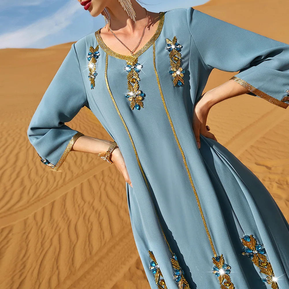 Sweethug Abaya Long Dress Handsewn Diamonds Embroidered Muslim Moroccan Evening Kaftan Arabic Party Dress with Metallic Belt