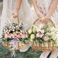 1pc rattan woven flower basket bride flower basket wedding handheld basket flower girl decorative basket