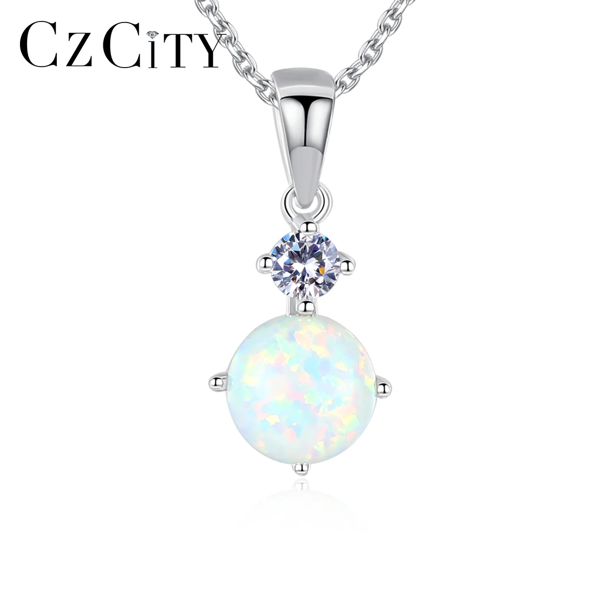 

CZCITY Exquisite Sterling Silver 925 Round Blue White Opal Pendant Necklace for Women Korean Fashion Christmas Friend Gifts