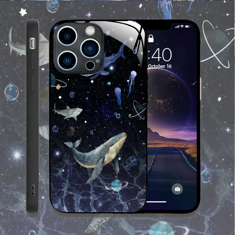 Cartoon Ocean Whale Shark Swimming Phone Case for IPhone 16 Pro Max 15 14 13 12 Mini 11 XS 7 8 14Plus Cover Tempered Glass Cases