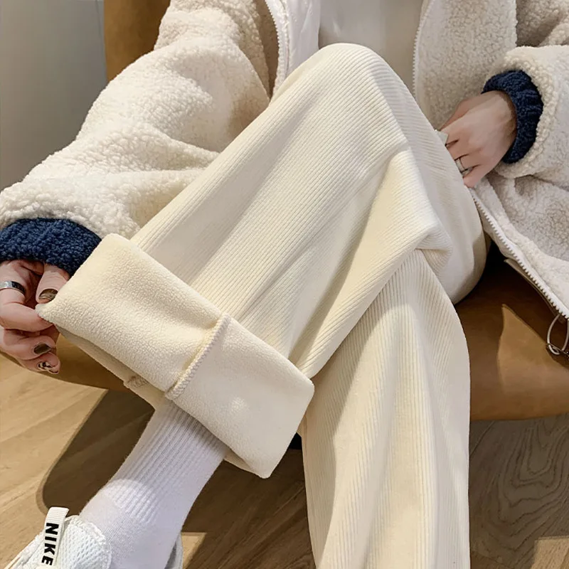 

Snow-Colored Corduroy Wide-Leg Pants 2022 Women's Spring and Autumn Plus Polar Fleece High-Waisted Vertical Straight-Leg Pants