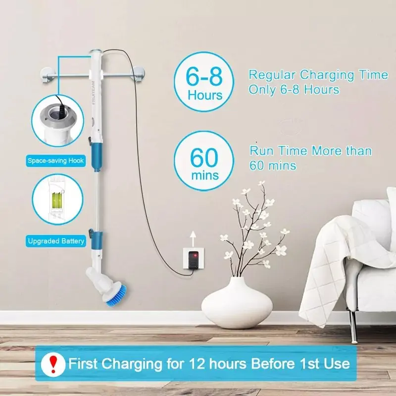 

Spin Scrubber with Long Handle and Cordless, Shower Scrubber for Cleaning, Tub and Tile Kitchen Scrubber Equipped with Multi- Cl