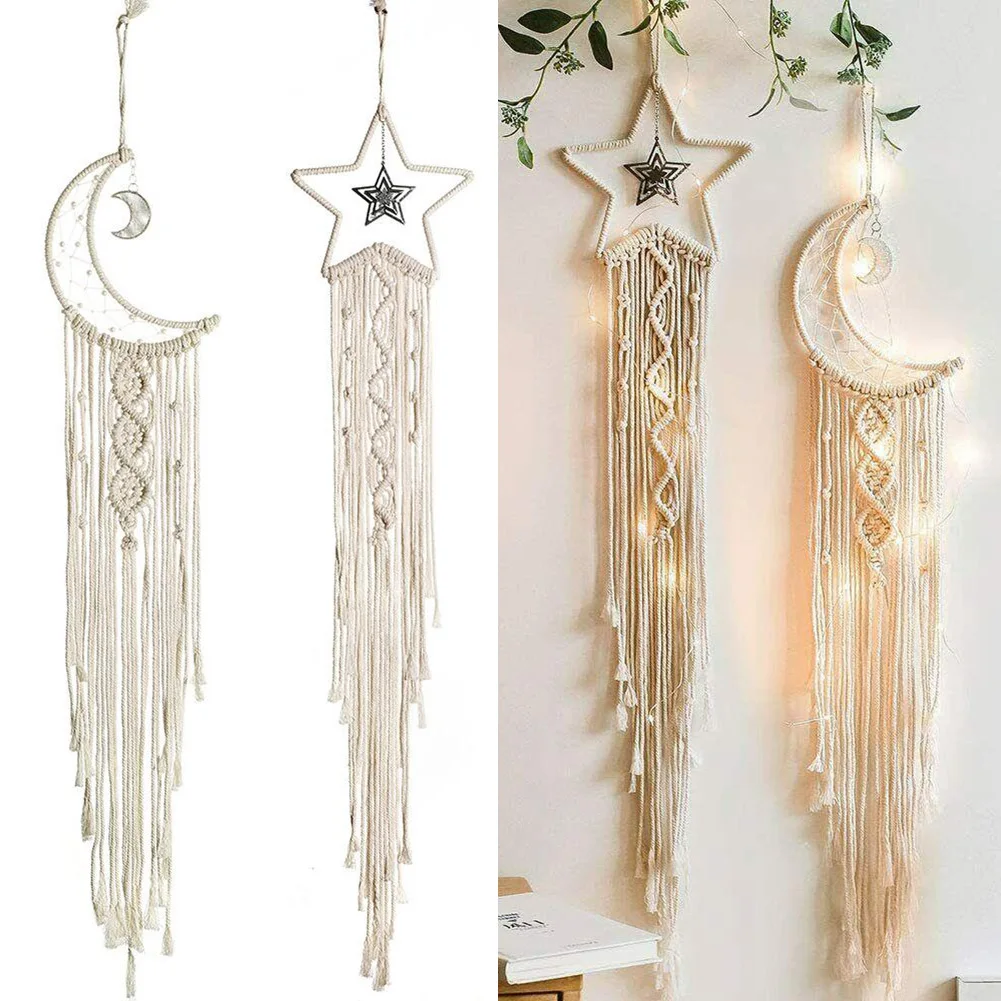 

Bohemian Style Wall Hanging Tapestry Macrame Moon Star Catcher Hanging Tapestry With Led Light Xmas Home Decor Wind Chimes