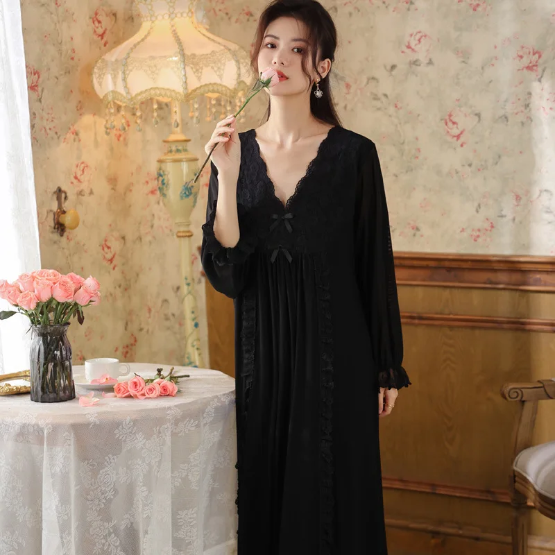 

Black Women Long Nightdress Spring Sexy V-Neck Embroidered Princess Dress Full Bud Sleeve Lingerie Lace Nightdress Sleepshirts
